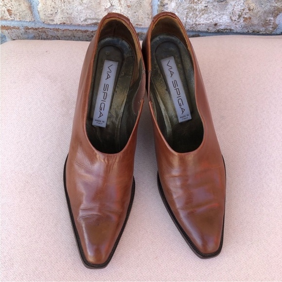Via Spiga Made in Italy Vintage Coñac Leather Western  Pointed Toe Heel Shoes 9 - Picture 5 of 16